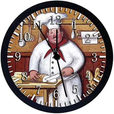 Fat Chef Kitchen Wall Clock Large 12" Black Frame Clear Face Silent Non-Ticking Nice for Gift or Décor G01