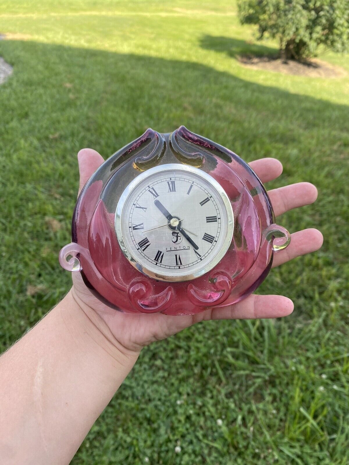 Fenton Cranberry Glass Clock Scroll Design Mantle Table Top Desk Clock