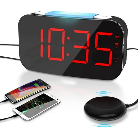 FIEWESEY Alarm Clock,Wake to Vibration or Beep,Use on Nightstand or Under Pillow,Great for Heavy Sleepers,AUTO-Dimmer,Curved Design,7 Color Night Light, 2USB Ports,Snooze