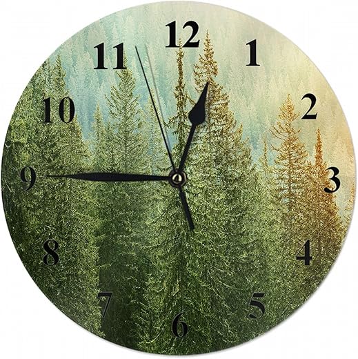 Fir Pine Trees Wall Clock Healthy Green Trees Inaforest of Old Spruce Farmhouse Unique Large Clock Wall Battery Operated Silent Non-Ticking Decoration, 10 Inch, A1221