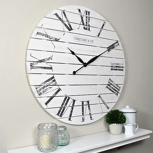 FirsTime and Co. Farmhouse Shiplap Wall Clock, American Crafted, White, Wood, 29 x 2 x 29 in White