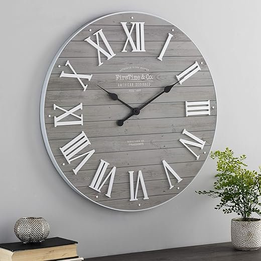 FirsTime & Co. Gray Emmett Shiplap Wall Clock, Large Vintage Decor for Living Room, Home Office, Round, Plastic, Farmhouse, 27 inches