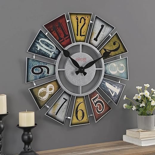 FirsTime & Co. Multicolor Numeral Windmill Wall Clock, Large Vintage Decor for Living Room, Home Office, Round, Plastic, Farmhouse, 24 Inches