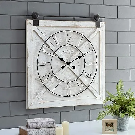 FirsTime & Co. White Farmstead Barn Door Wall Clock for Home Office, Kitchen, Living Room, Bedroom, Square, Wood and Metal, Farmhouse Decor, (27"W x 29"H inches)