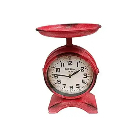 First of a Kind 2-Sided Red Metal Scale Shaped Clock - Vintage Tabletop Clock for Farmhouse - Mid-Century Style, Two-Sided Red Metal Vintage Scale Clock for Kitchen & Living Room Decoration