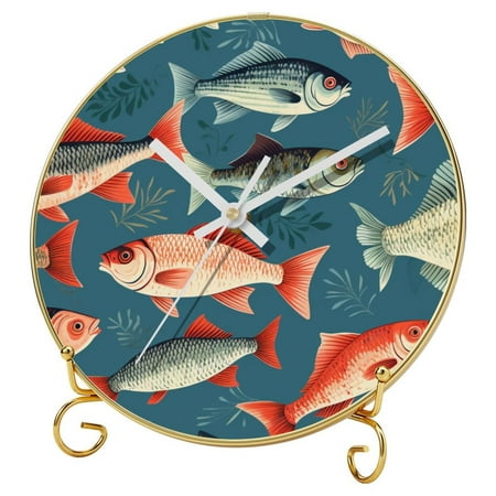 Fish Round Printed Wall Clocks with Hooks and Gold Stand - Silent, Non-Ticking Timepieces for Stylish and Functional Home Decor