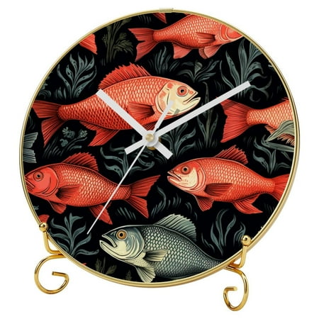 Fish Round Printed Wall Clocks with Hooks and Gold Stand - Silent Non-Ticking Decorative Timepieces for Any Room Décor