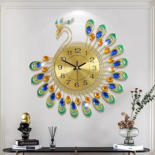 FLEBLE Large Wall Clocks for Living Room Decor Gold Decoration Wall Clock Silent Battery Operated Non Ticking for Bedroom Kitchen 14 Inch Retro Peacock Crystal Wall Watch Quartz for Home Office Indoor