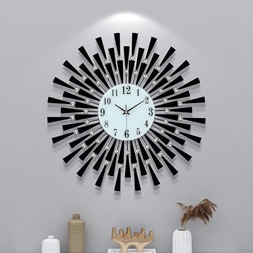 FLEBLE Large Wall Clocks for Living Room Decor Modern Big Silent Wall Clocks Battery Operated Quartz for Office Kitchen Bedroom Home Decoration 24 Inch Black Round Crystal Clock Wall Decor for Indoor