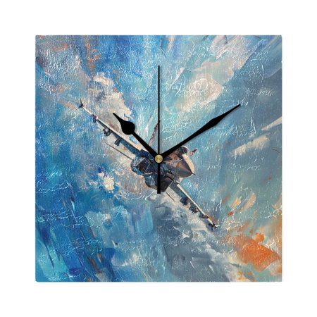 Flying Fighter Jet Wall Clock Battery Operated Square Black Pointer Home Decor for Living Room Bedroom 7.78 x 7.78