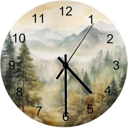 Forest Wall Clock, Watercolor Mountain Forest Nature Tree Woodland Round Clocks Wall Decor Silent No Ticking 12 Inch Wooden Clock For Bedroom Living Room Home Office