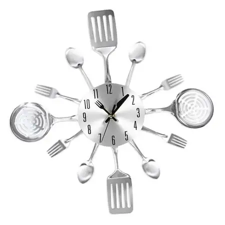 Fork and Spoon Wall Clock, Metal Kitchen Cutlery Utensils Wall Clock Mute Home Silvery