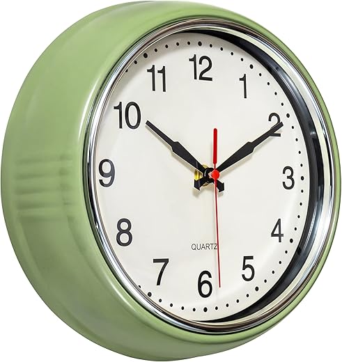 Foxtop Retro Wall Clock 9.5 Inch Green Kitchen 50's Vintage Design Round Silent Non Ticking Decorative Battery Operated Quartz Metal Clock for Classroom Office Home