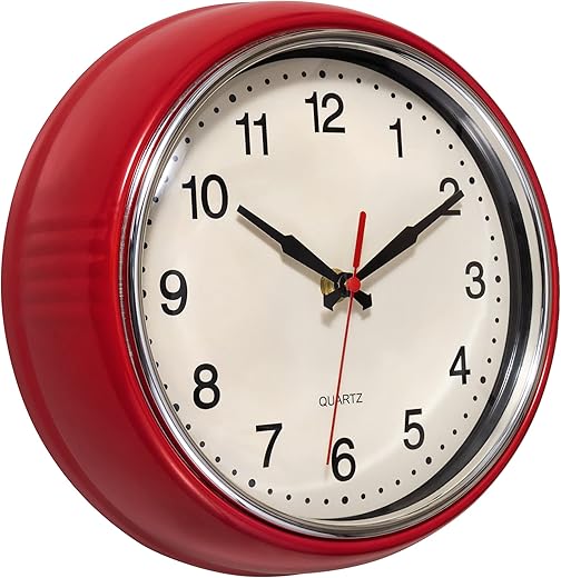 Foxtop Retro Wall Clock 9.5 Inch Red Kitchen 50's Vintage Design Round Silent Non Ticking Decorative Battery Operated Quartz Metal Clock for Classroom Office Home