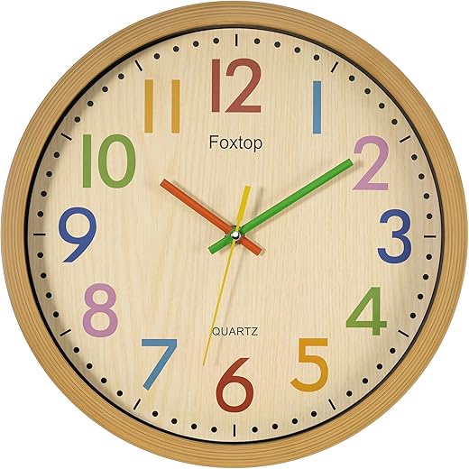 Foxtop Silent Kids Wall Clock 12 Inch Non-Ticking Battery Operated Colorful Childrens Clock for Classroom Playroom Nursery Bedrooms Kids Room School