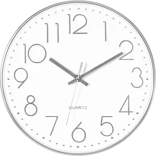 Foxtop Silver Wall Clock Silent Non-Ticking Battery Operated Round Modern Wall Clock for Office School Home Living Room Bedroom Bathroom Kitchen Decor 12 inch