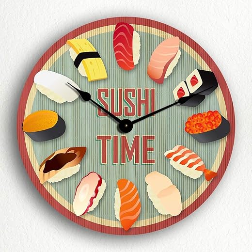 Fprqlyze Sushi Time Wood Wall Clock Modern Decorative Non Ticking for Living Room Kids Bedrooms 12 Inch