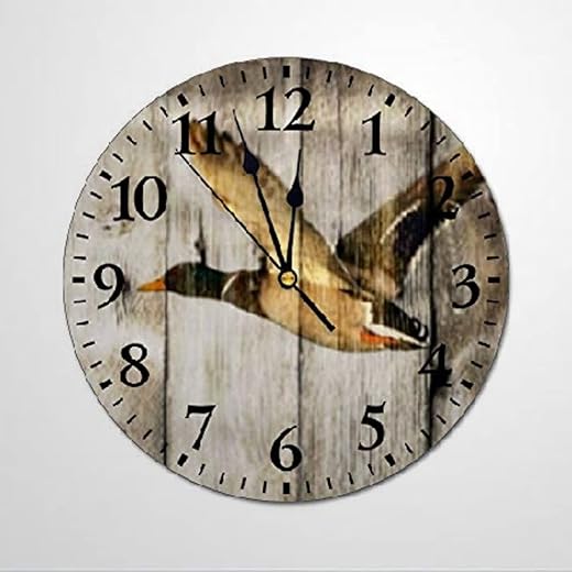 Fprqlyze Vintage Round Wooden Wall Clock Western Country Flying Wild Duck Clock Silent Non 12 Inch Battery Operated Home Office School