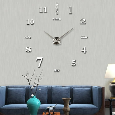 Frameless Wall Clock, Large Modern 3D Mirror Wall Clock Mute Diy Wall Stickers For Living Room Bedroom Home Decoration(Silver)