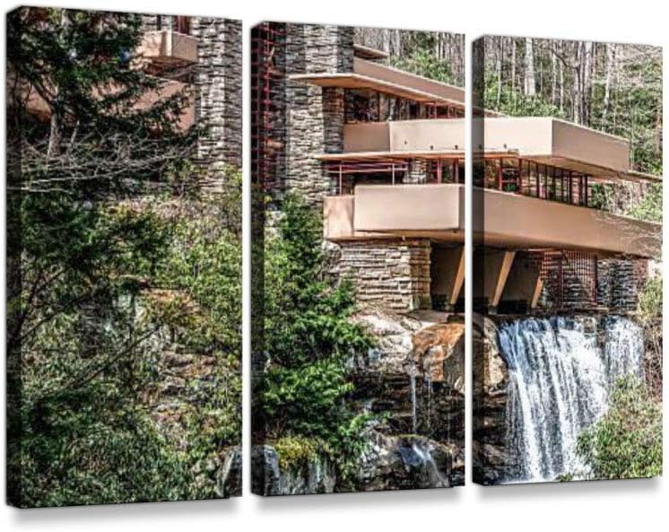 Frank Lloyd Wright's Fallingwater House HDR 3 Pieces Print On Canvas Wall Artwork Modern Photography Home Decor Unique Pattern Stretched and Framed 3 Piece