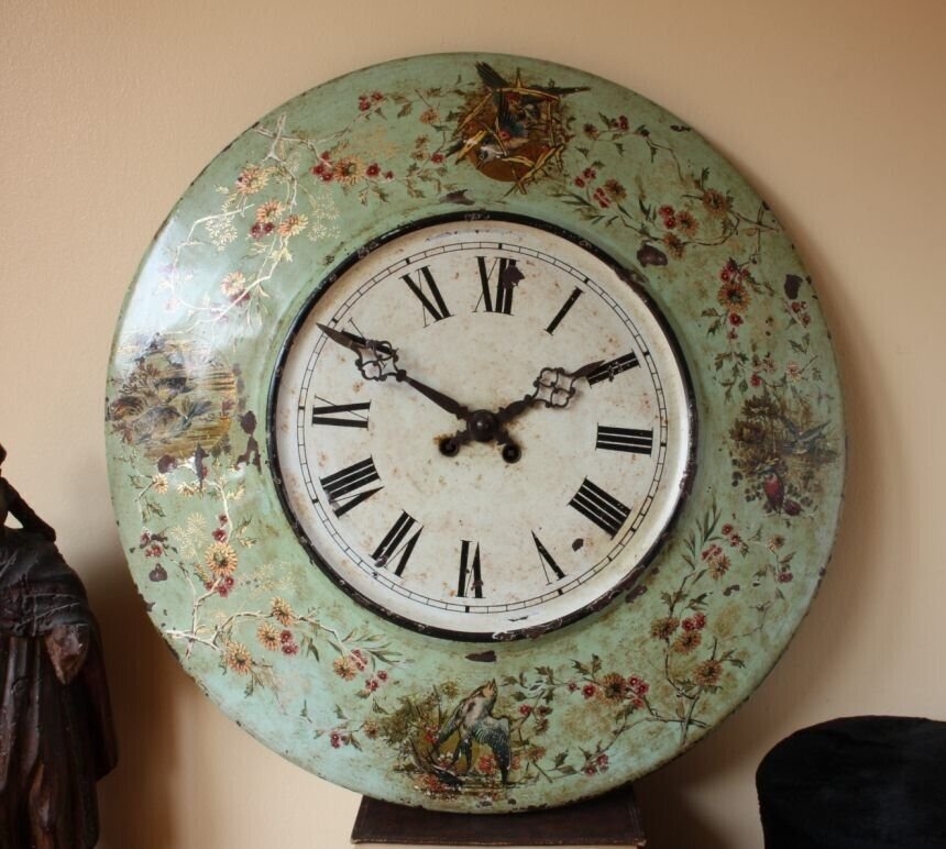 French Aesthetic Toleware Wall Clock. Large Green Metal Country House Antique