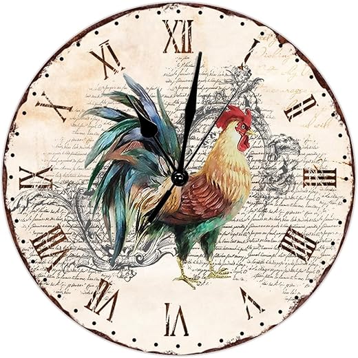 French Rustic Farmhouse Rooster Clock for Wall Rustic Farmhouse 15inch Round Wall Clock Rooster Kitchen Wall Clocks Quartz Battery Operated Silent Wall Clocks for Dinning Living Room