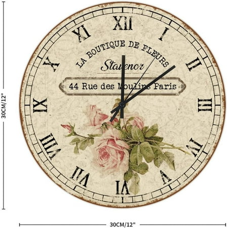 French Vintage Flower Hanging Clock 12In Shabby Chic Rose Wooden Wall Clock