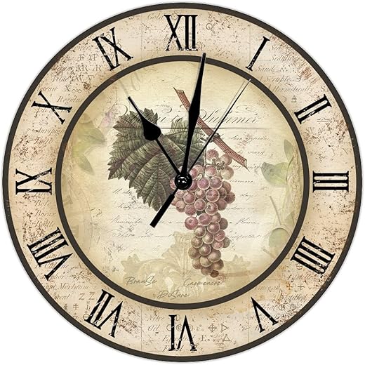 French Vintage Grape Wooden Wall Clock Silent Non-Ticking Battery Operated Art Clocks French Winery Wall Clock Country Tuscan Style for Living Room Bedroom Round Clock 15Inch Birthday Gift