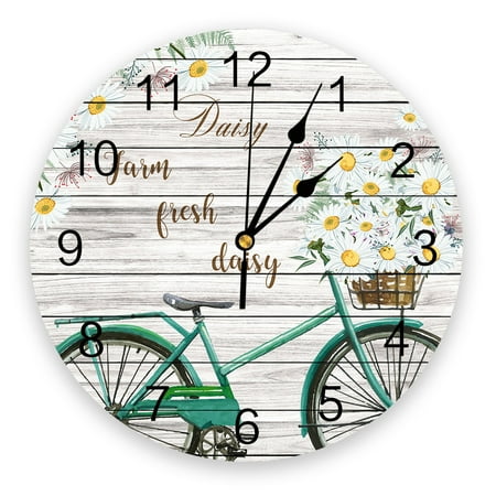 Fresh Flower Market Retro Truck Daisy Sunflower Print Round Wall Clock Operated Quartz Quiet Desk Clock for Home Office School