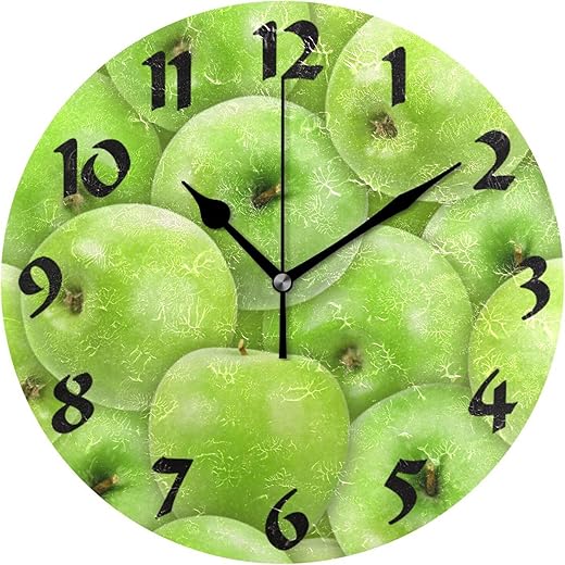 Fresh Green Apples Round Wall Clock,Silent Non Ticking Battery Operated Accurate Home Clock,Vintage Farmhouse Wall Decor for The Kitchen, Living Room, Bedroom, Office 10 in