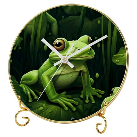 Frog Round Printed Wall Clocks with Hooks and Gold Stand - Silent, Non-Ticking Timepieces for Any Setting