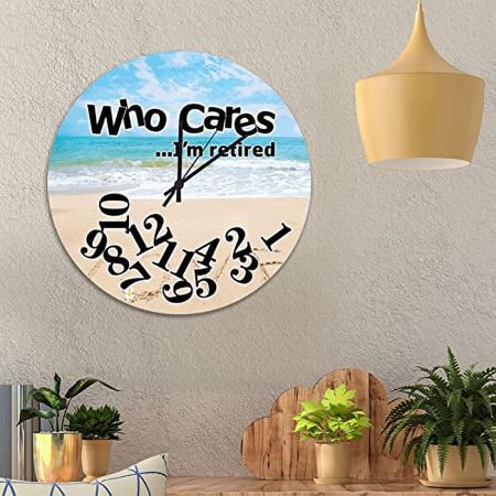 Funny Gift for Retirement Clock for Wall Who Cares I'm Retired Beach Wooden Decorative Clocks City Souvenir Gift Clocks Silent Non-Ticking Battery Clocks for Kitchen Bedroom 12inch