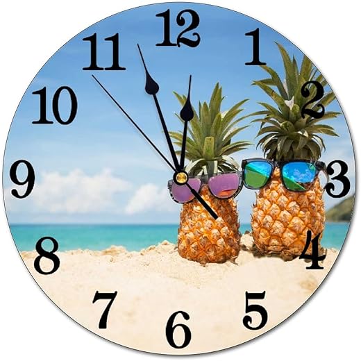 Funny Pineapple Wall Clock Battery Operated Silent Non Ticking Round Clock Summer Beach Theme Wall Decor for Home Kitchen Living Room 9.8 Inch