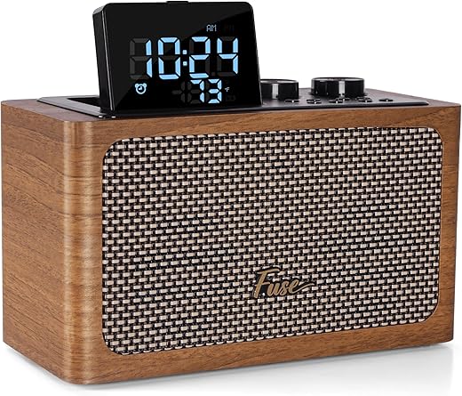 Fuse Zide Vintage Alarm Clock Radio | FM Radio Speaker with Bluetooth | Built-in Microphone | Adjustable LCD Screen | Mid Century Modern Style