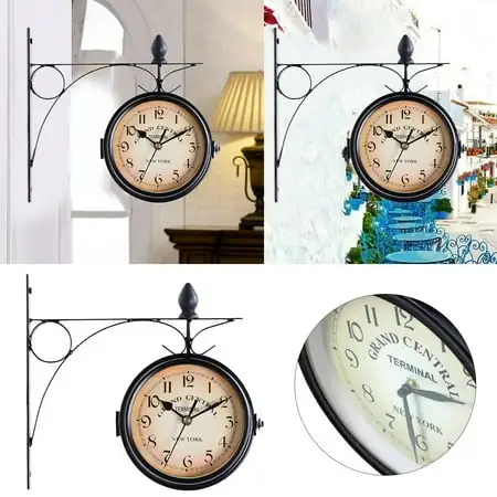 GARENAS Antique Look Wall Clock Brown Round Outdoor Hanging Double Two Faces Retro Station Clock with Scroll Wall Side Mount Home DÃcor(Black)