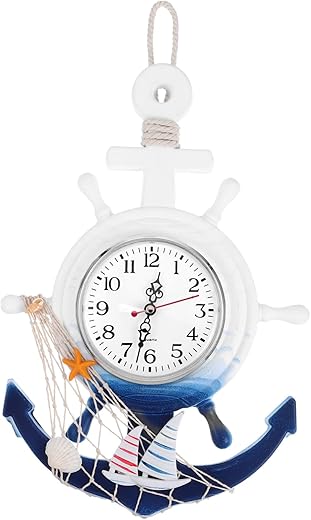 Garneck Beach Clock Nautical Wall Clock Wooden Anchor Wheel Clock Decorative Wall Clock Coastal Beach Home Decor Mediterranean Style Wall Hanging Ornament Style 1 Nautical Decor