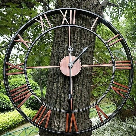 Gealach 16 inch Large Outdoor Clock, Retro Antique European Style, Metal Roman Numerals, Silent Battery-Powered, Skeleton Iron, Gold Hands, 16 inch Diameter