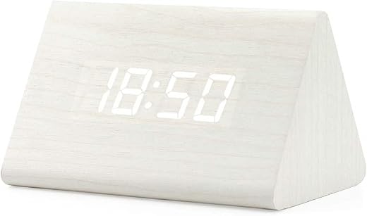 GEARONIC Digital Alarm Clock Wooden Alarm Clock Wood Modern Triangle Alarm Digital Desk Clock, Displays Time Date Temperature Calendar Wood Made Electric Clocks for Bedroom, Bedside - White