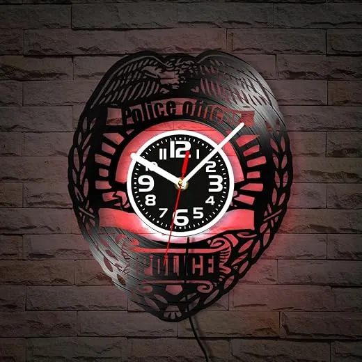 Geek Alerts 12'' Police Officer Badge LED Night Lamp Vinyl Record Wall Clock,Handmade Vintage Luminous Hanging Laser Cut Longplay Wall Clock Cop Gift for Police Department Silent Non Ticking Decor