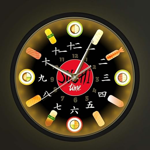 Geek Alerts Voice Control LED Lighting Sushi Time Non Ticking Wall Clock Minimalist Kitchen Japanese Food Wall Metal Frame Battery Operated Clock Watch for Sushiya Restaurant