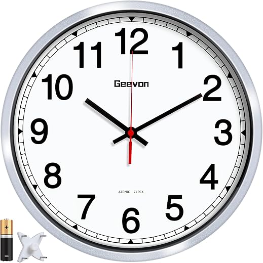 Geevon 12 Inch Atomic Analog Wall Clock, Sets Automatically Wall Clock Battery Operated, Easy to Read Atomic Clock for Kitchen/School/Classroom/Living Room (Silver Frame)