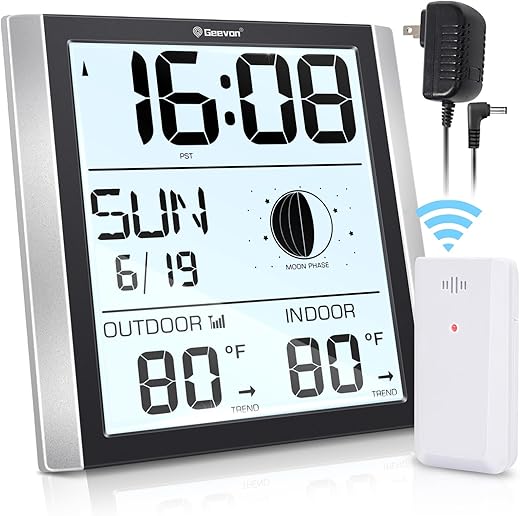 Geevon Atomic Wall Clock with Backlight, Auto-Set Digital Atomic Clock with Indoor Outdoor Temperature,Calendar,Moon Phase for Home Office Elderly(1 Wireless Outdoor Sensor)