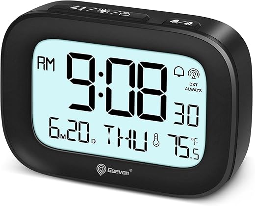 Geevon Digital Alarm Atomic Clock for Bedroom Heavy Sleepers, Mini Cute Desk Table Clock with 10s Backlight, 12/24H, Temp, Small Travel Alarm Clock for Kids Teens Adult Boy Girl, Black