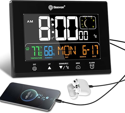 Geevon Digital Atomic Alarm Clocks for Bedrooms with Battery Backup, HD Color Display Atomic Lock with Backlight, 2 USB Ports, Indoor Temperature and Humidity, Moon Phases, Time, and Calendar