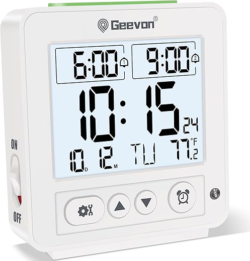 Geevon Smart Night Light Small Digital Alarm Clock with 2 Increasing Beep Alarm,Indoor Temperature, Battery Operated Travel Alarm Clock for Bedroom, Bedside,Desk(White)