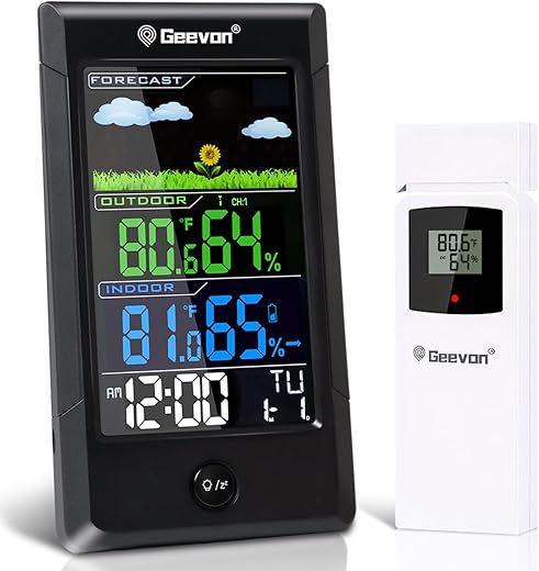 Geevon Weather Station Wireless Indoor Outdoor Thermometer, Color Display Digital Weather Thermometer with Backlight, Forecast Station with Calendar and Alarm Clock(238619-TX16-2)