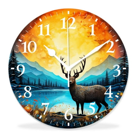 generic 12 inch Round Wall Clock,Deer in Antler Autumn Sunset forest Winter Woodland Elegant,Silent Non-Ticking Wall Clock Decor for Home Office Kitchen Living Room Bedroom