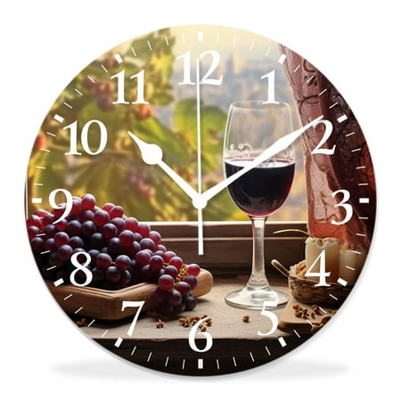 generic 12 inch Round Wall Clock,Red Wine with Grapes and Vine Leaves Beautiful Drawing,Silent Non Ticking Wall Clocks for Living Room Kitchen Bedroom