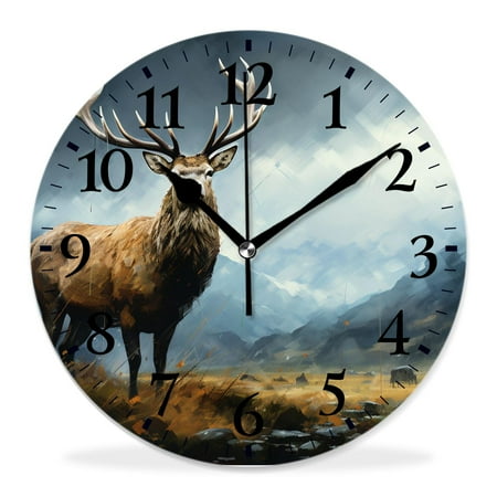 generic 12 inch Round Wall Clock,Whitetail Deer Fawn in Wilderness Countryside Lovely Drawing,Silent Non Ticking Wall Clocks for Living Room Kitchen Bedroom