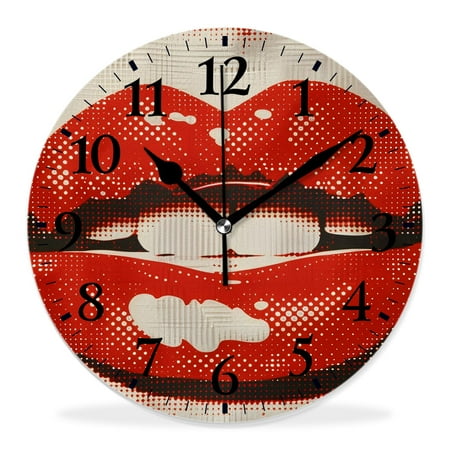 generic 14 inch Round Wall Clock,Pop Art Colorful Bite Sexy Red Lip on Polka Dot Lovely,Silent Non-Ticking Wall Clock Decor for Home Office Kitchen Living Room Bedroom